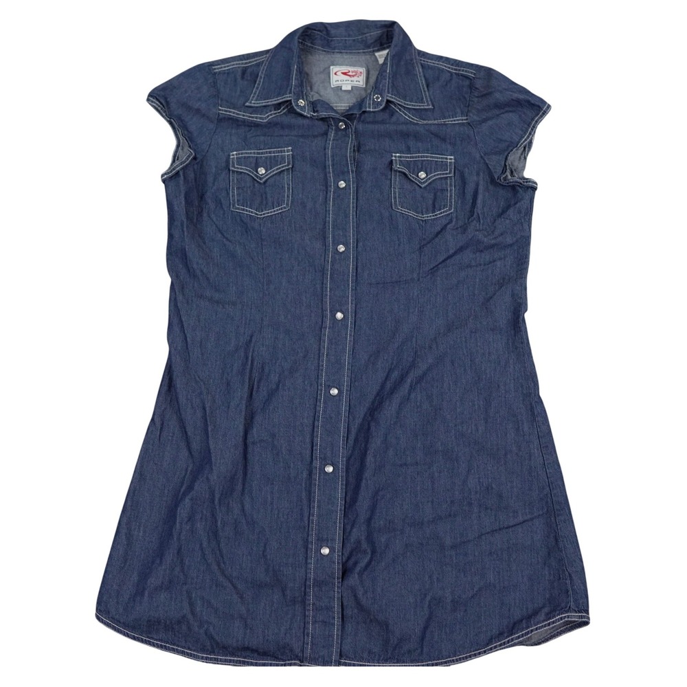 Roper Denim Shirt Dress Women Large Blue Sleeveless Western Pearl Snap Cotton